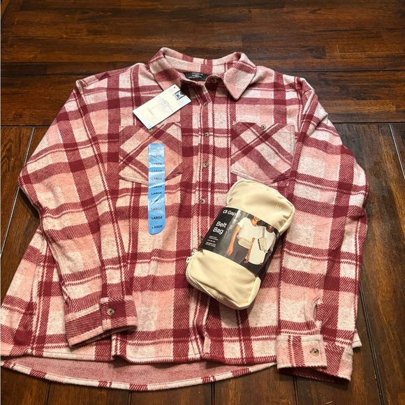 NEW Cozy Pink and Red Plaid Button Down Shirt/Shacket size L & GAP Belt Bag - Picture 2 of 7